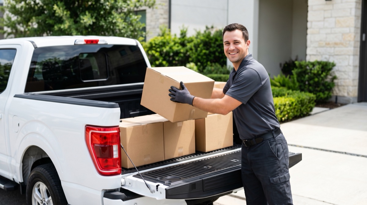 Repartidor cargando cajas en una camioneta